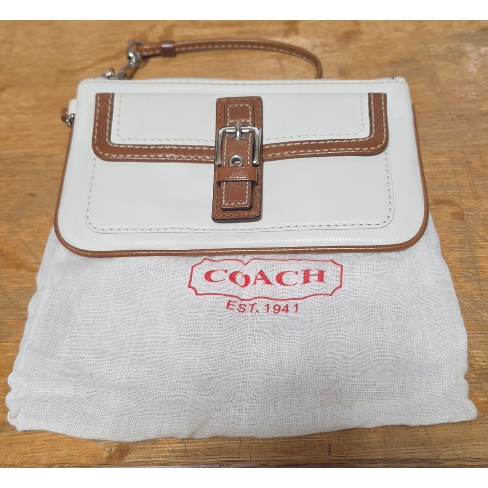 Coach White Leather Wristlet Brown Trim Buckle Detail Pouch with Dust Bag